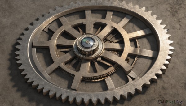 solo,no humans,shadow,from above,brown background,gears,brown theme,still life,roman numeral,steampunk,artist name,signature,close-up,clock,eye focus