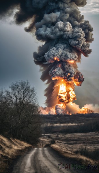 outdoors,sky,day,cloud,tree,no humans,glowing,fire,nature,scenery,smoke,monster,road,cloudy sky,bare tree