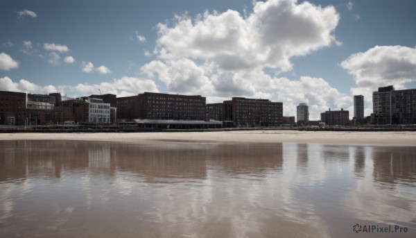 outdoors,sky,day,cloud,water,blue sky,no humans,ocean,cloudy sky,building,scenery,reflection,city,cityscape,skyscraper,skyline,beach,sand,river,shore