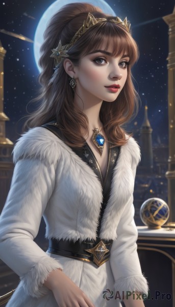 1girl,solo,long hair,looking at viewer,bangs,brown hair,hair ornament,long sleeves,dress,brown eyes,jewelry,earrings,parted lips,sky,belt,artist name,necklace,star (symbol),white dress,lips,coat,grey eyes,fur trim,makeup,night,moon,tiara,crown,lipstick,gem,star (sky),night sky,full moon,pendant,eyeshadow,starry sky,realistic,nose,white coat,red lips,planet,upper body,ponytail