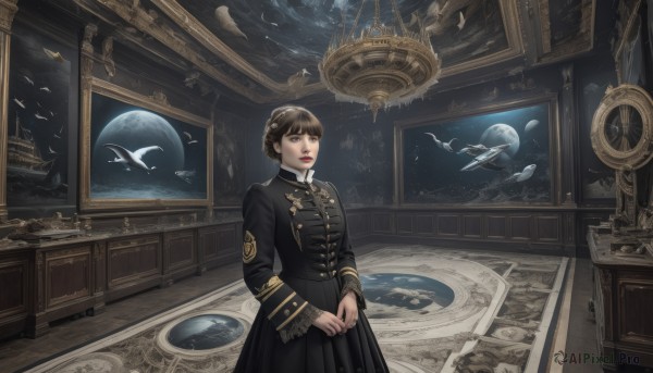 1girl,solo,short hair,bangs,brown hair,black hair,long sleeves,dress,brown eyes,jewelry,closed mouth,standing,braid,cowboy shot,earrings,indoors,black eyes,black dress,lips,coat,buttons,bird,looking away,own hands together,scenery,black coat,clock,double-breasted,space,planet,painting (object),spacecraft,globe,looking at viewer,skirt,parted lips,hair bun,uniform,military,military uniform,makeup,moon,lipstick,realistic,red lips,earth (planet)