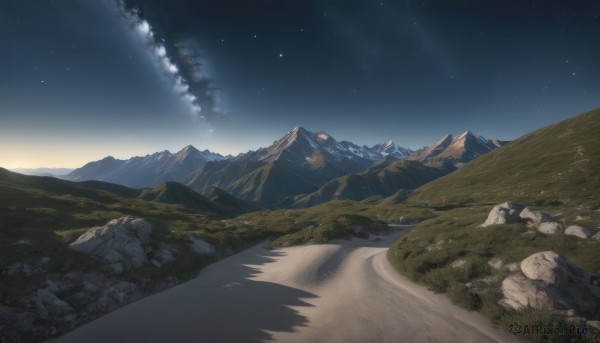 The majestic beauty of a landscape set within a calm sunset outdoors