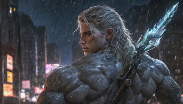 solo,long hair,1boy,closed mouth,upper body,weapon,white hair,grey hair,male focus,outdoors,looking back,sword,artist name,medium hair,from behind,blurry,wet,muscular,night,blurry background,facial hair,back,scar,muscular male,building,bara,beard,rain,city,mature male,realistic,manly,city lights,sky,signature,armor,from side,profile,arrow (projectile),quiver,weapon on back