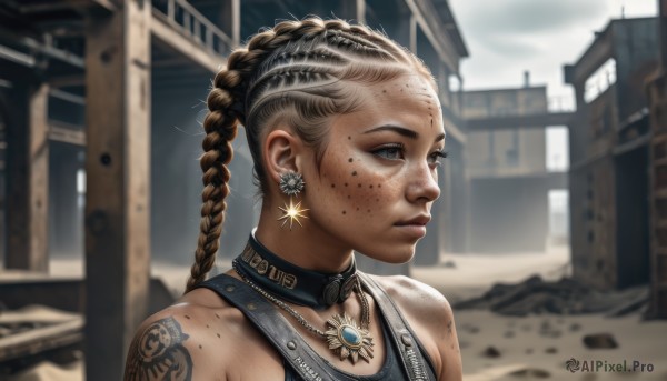 1girl,solo,long hair,blue eyes,blonde hair,brown hair,bare shoulders,jewelry,upper body,braid,multicolored hair,earrings,outdoors,choker,day,necklace,blurry,twin braids,two-tone hair,lips,grey eyes,tattoo,blurry background,tank top,building,portrait,freckles,realistic,nose,arm tattoo,shoulder tattoo,neck tattoo,closed mouth,dark skin,collar,dark-skinned female,depth of field,piercing,pendant,dirty,dreadlocks