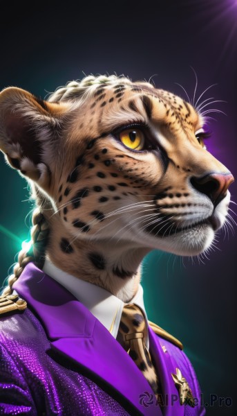 solo,simple background,shirt,1boy,closed mouth,jacket,yellow eyes,upper body,braid,male focus,necktie,collared shirt,signature,uniform,military,no humans,military uniform,animal,formal,suit,looking up,slit pupils,black background,portrait,furry,realistic,purple jacket,animal focus,yellow necktie,yellow sclera,whiskers,tiger,clothed animal,long hair,blonde hair,animal ears,white shirt,artist name,single braid,watermark,cat,wing collar,animal print,braided ponytail