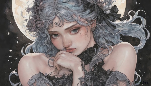 1girl,solo,long hair,looking at viewer,bangs,blue eyes,hair ornament,dress,ribbon,bare shoulders,jewelry,blue hair,hair ribbon,upper body,flower,grey hair,earrings,parted lips,hand up,hair flower,mole,lips,grey eyes,mole under eye,black ribbon,piercing,moon,ear piercing,portrait,black nails,full moon,grey nails,mole on cheek,bow,sky,choker,night,floating hair,ring,feathers,realistic