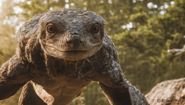 solo,looking at viewer,closed mouth,outdoors,day,blurry,black eyes,tree,no humans,depth of field,blurry background,animal,nature,monster,realistic,animal focus,dinosaur,fish,frog,scales,turtle,lizard