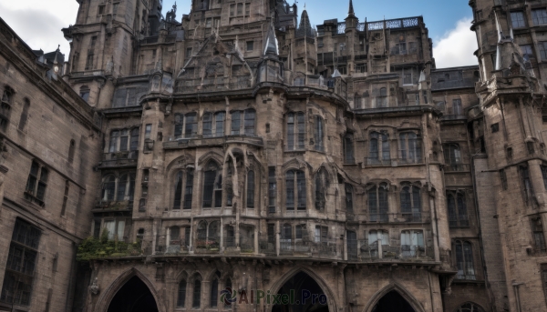 outdoors,sky,day,cloud,tree,blue sky,no humans,window,cloudy sky,building,scenery,stairs,city,fantasy,railing,cityscape,architecture,house,bridge,tower,arch,balcony,plant,church