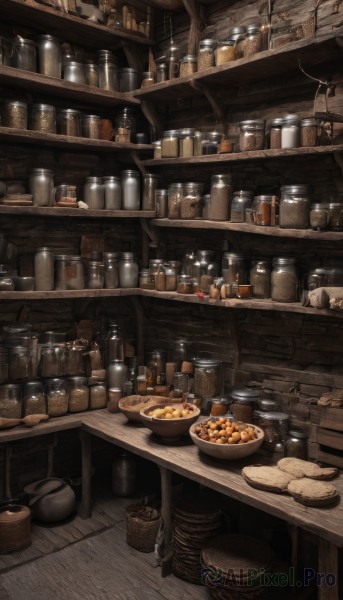 food,indoors,cup,no humans,table,bottle,scenery,plate,alcohol,drinking glass,tray,bowl,wooden floor,spoon,basket,wine glass,stool,shelf,wine bottle,jar,bar (place),counter,barrel,bread,kitchen,still life