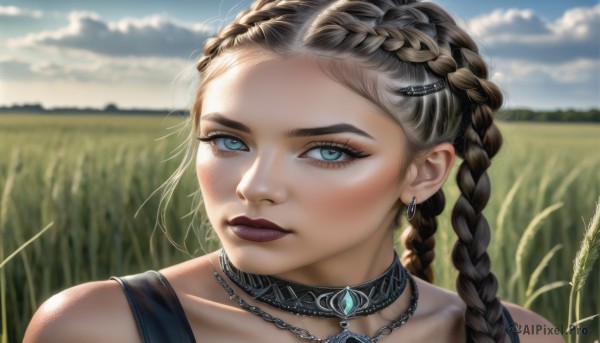 1girl,solo,long hair,looking at viewer,blue eyes,brown hair,hair ornament,jewelry,closed mouth,braid,multicolored hair,earrings,outdoors,sky,choker,day,cloud,necklace,blurry,lips,makeup,blurry background,grass,portrait,realistic,field,multiple braids,smile,blonde hair,black hair,collarbone,grey hair,hairclip,twin braids,two-tone hair,lipstick,close-up,eyeshadow,nose,mascara