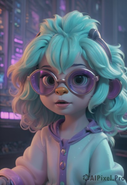 1girl,solo,looking at viewer,short hair,bangs,long sleeves,animal ears,green eyes,blue hair,jacket,upper body,parted lips,green hair,glasses,teeth,artist name,medium hair,blurry,lips,aqua hair,blurry background,headphones,watermark,sunglasses,furry,round eyewear,furry female,tinted eyewear,animal nose,purple-tinted eyewear,jewelry,neon lights