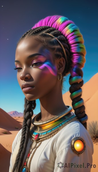 1girl,solo,long hair,breasts,looking at viewer,black hair,hair ornament,brown eyes,jewelry,upper body,braid,multicolored hair,earrings,outdoors,parted lips,sky,teeth,day,artist name,dark skin,necklace,twin braids,two-tone hair,dark-skinned female,blue sky,lips,streaked hair,see-through,eyelashes,makeup,facial mark,half-closed eyes,lipstick,star (sky),forehead,eyeshadow,hoop earrings,realistic,nose,eyeliner,facepaint,neck ring,gold,very dark skin,mascara,desert,dreadlocks,multiple braids,shirt,closed mouth,blue hair,pink hair,from side,alternate hairstyle,night,piercing,gem,portrait,hair over shoulder,starry sky,sand