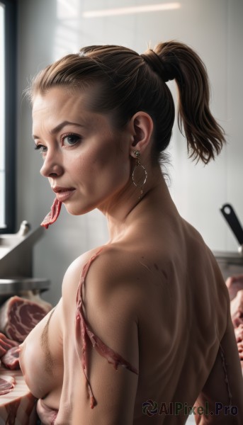 1girl,solo,breasts,looking at viewer,short hair,open mouth,brown hair,jewelry,medium breasts,nipples,upper body,ponytail,nude,earrings,small breasts,food,teeth,tongue,looking back,indoors,blurry,lips,grey eyes,blood,eating,freckles,short ponytail,realistic,meat,horror (theme),guro,mouth hold,veins,injury,nose,bone,kitchen,death