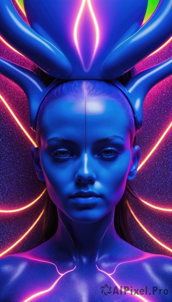 1girl,solo,long hair,looking at viewer,closed mouth,collarbone,upper body,horns,shiny,lips,glowing,colored skin,portrait,science fiction,realistic,nose,blue skin,galaxy,blue eyes,blue hair,shiny skin,expressionless,star (sky),forehead,blue theme,serious,cable,space,planet,alien