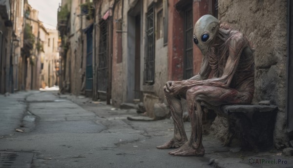 solo, blue eyes, sitting, outdoors, no humans, building, science fiction, monster, road, ruins, street, alien, alley