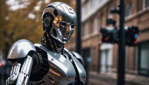 solo,red eyes,1boy,upper body,male focus,armor,blurry,no humans,depth of field,blurry background,helmet,robot,building,mecha,1other,science fiction,city,realistic,android,cyborg,cyberpunk,humanoid robot,1girl,looking at viewer,outdoors,glowing,joints,cable,robot joints