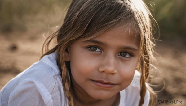 1girl,solo,long hair,looking at viewer,smile,bangs,brown hair,shirt,brown eyes,closed mouth,green eyes,white shirt,upper body,braid,outdoors,mole,blurry,twin braids,lips,grey eyes,depth of field,blurry background,portrait,close-up,freckles,realistic,nose,blonde hair,sunlight