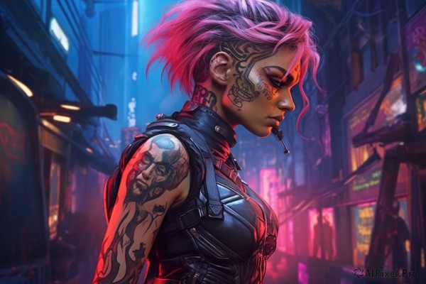 1girl,solo,breasts,short hair,bare shoulders,medium breasts,closed eyes,upper body,pink hair,multicolored hair,outdoors,sleeveless,dark skin,blurry,from side,two-tone hair,dark-skinned female,lips,tattoo,profile,makeup,night,blurry background,mouth hold,science fiction,cigarette,city,nose,smoking,arm tattoo,shoulder tattoo,undercut,facial tattoo,mohawk,cyberpunk,neon lights,solo focus,piercing,ear piercing,nose piercing