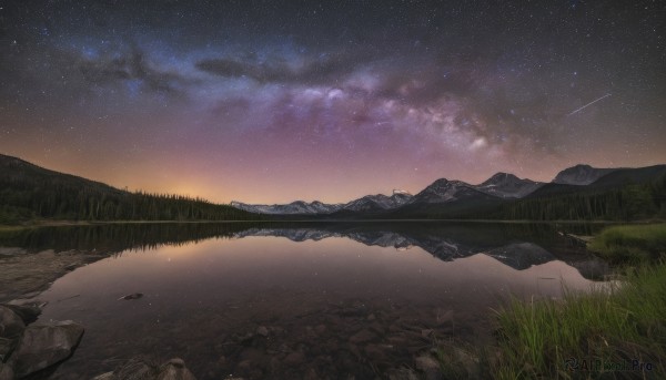 outdoors,sky,cloud,water,no humans,night,grass,star (sky),nature,night sky,scenery,starry sky,reflection,sunset,rock,mountain,river,landscape,shooting star,mountainous horizon,lake,reflective water,milky way