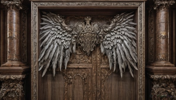 wings,indoors,no humans,scenery,feathered wings,angel wings,wooden floor,fantasy,throne,statue,painting (object),still life,picture frame