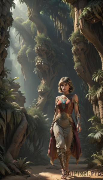 1girl,solo,breasts,looking at viewer,short hair,brown hair,bare shoulders,brown eyes,jewelry,medium breasts,standing,earrings,outdoors,pants,dark skin,necklace,bracelet,dark-skinned female,tree,heterochromia,sandals,sunlight,plant,nature,armlet,forest,walking,blue eyes,dress,full body,lips,toes,bracer