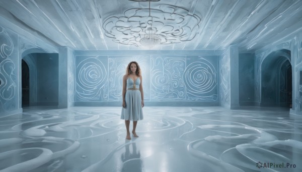 1girl,solo,long hair,breasts,looking at viewer,brown hair,dress,cleavage,bare shoulders,medium breasts,standing,barefoot,indoors,dark skin,water,white dress,dark-skinned female,reflection,walking,arms at sides,ripples,pillar,reflective floor,black hair,brown eyes,window,scenery,rain,ruins,wide shot