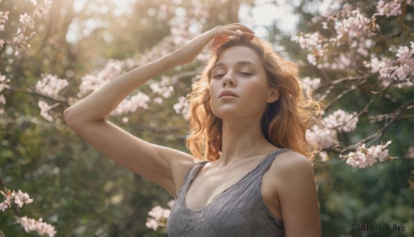 1girl, solo, long hair, breasts, blonde hair, cleavage, closed mouth, upper body, flower, outdoors, day, blurry, arm up, lips, blurry background, tank top, looking up, realistic, branch, shading eyes