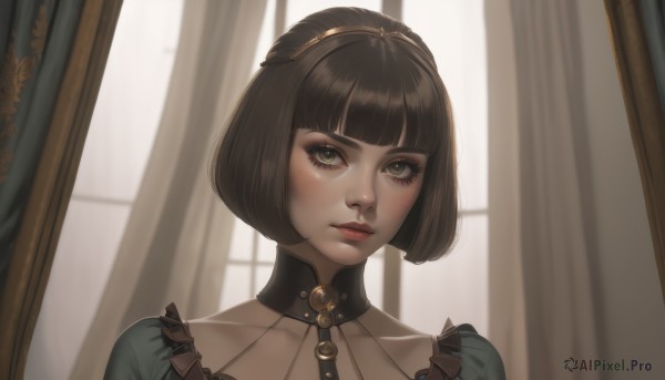 1girl,solo,looking at viewer,short hair,bangs,brown hair,black hair,dress,brown eyes,closed mouth,green eyes,collarbone,upper body,hairband,artist name,indoors,blunt bangs,mole,lips,eyelashes,mole under eye,window,makeup,bob cut,lipstick,curtains,portrait,freckles,nose,mascara,blush,backlighting,eyeliner