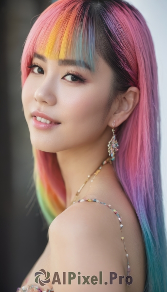 1girl,solo,long hair,breasts,looking at viewer,smile,bangs,blonde hair,bare shoulders,jewelry,medium breasts,blue hair,upper body,pink hair,multicolored hair,earrings,parted lips,teeth,blunt bangs,necklace,grin,blurry,black eyes,from side,two-tone hair,lips,looking to the side,eyelashes,gradient hair,makeup,gem,realistic,nose,rainbow hair,blue eyes,purple hair,artist name,watermark,lipstick,eyeshadow