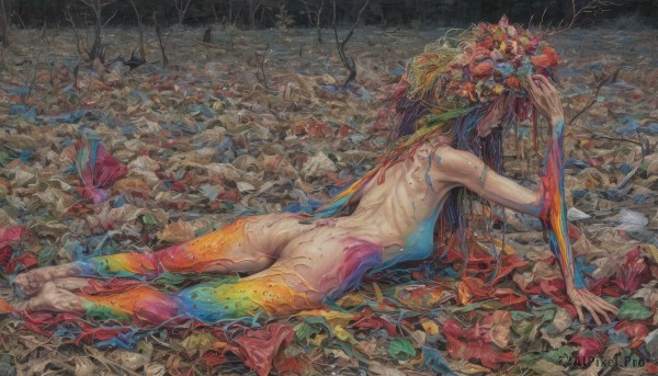 1girl,solo,long hair,brown hair,black hair,hair ornament,ass,flower,nude,outdoors,lying,barefoot,hair flower,from behind,tree,completely nude,arm support,leaf,back,on side,soles,plant,monster girl,red flower,nature,forest,branch,on ground,ribs,bodypaint,colorful,surreal,dirty feet,breasts,blood,traditional media,on stomach,painting (medium),dripping