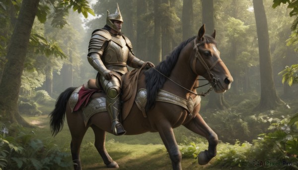 solo,1boy,male focus,boots,outdoors,day,armor,tree,animal,sunlight,helmet,grass,plant,shoulder armor,gauntlets,nature,scenery,1other,forest,pauldrons,breastplate,riding,greaves,horse,knight,full armor,ambiguous gender,horseback riding,helm,plate armor,reins,saddle,signature,from side,light rays,fantasy,armored boots