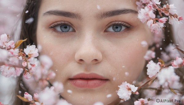 1girl, solo, looking at viewer, blue eyes, brown hair, closed mouth, flower, blurry, lips, grey eyes, petals, eyelashes, cherry blossoms, portrait, close-up, blurry foreground, realistic, nose, branch