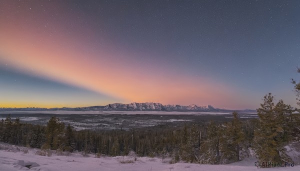 outdoors,sky,cloud,tree,no humans,night,star (sky),nature,night sky,scenery,snow,forest,starry sky,sunset,mountain,horizon,winter,landscape,mountainous horizon,gradient sky,pine tree