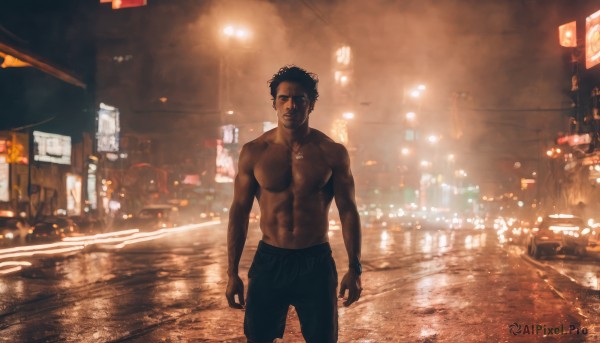 solo,looking at viewer,short hair,black hair,1boy,navel,jewelry,standing,male focus,outdoors,pants,dark skin,necklace,muscular,night,black pants,abs,dark-skinned male,pectorals,muscular male,ground vehicle,building,motor vehicle,reflection,topless male,city,realistic,arms at sides,car,street,closed mouth,blurry,facial hair,light,road,lamppost,lights,afro,neon lights