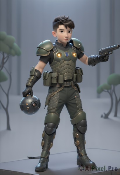 solo,looking at viewer,smile,short hair,brown hair,black hair,gloves,1boy,holding,brown eyes,standing,full body,weapon,male focus,boots,black gloves,holding weapon,armor,blurry,black eyes,tree,gun,blurry background,helmet,holding gun,handgun,headwear removed,knee pads,animification,helmet removed,belt,pants,chain,shoulder armor,child,science fiction,pouch,armored boots,male child,shoulder pads