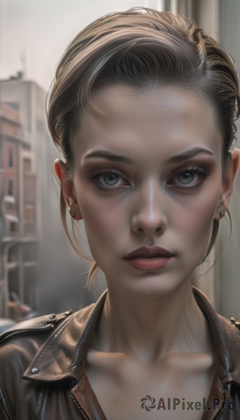 1girl,solo,looking at viewer,short hair,blue eyes,blonde hair,brown hair,jewelry,closed mouth,green eyes,collarbone,jacket,earrings,outdoors,blurry,lips,black jacket,grey eyes,eyelashes,blurry background,piercing,ear piercing,portrait,forehead,freckles,realistic,nose,leather,leather jacket,upper body,parted lips,artist name,depth of field,building,motor vehicle,close-up,zipper,city