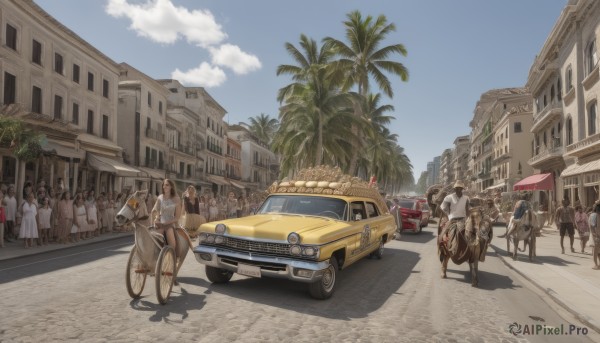 multiple girls,outdoors,multiple boys,sky,day,cloud,tree,blue sky,shadow,ground vehicle,building,scenery,motor vehicle,6+boys,city,palm tree,car,road,vehicle focus,street,crowd,truck,people,no humans,bicycle,crosswalk,real world location