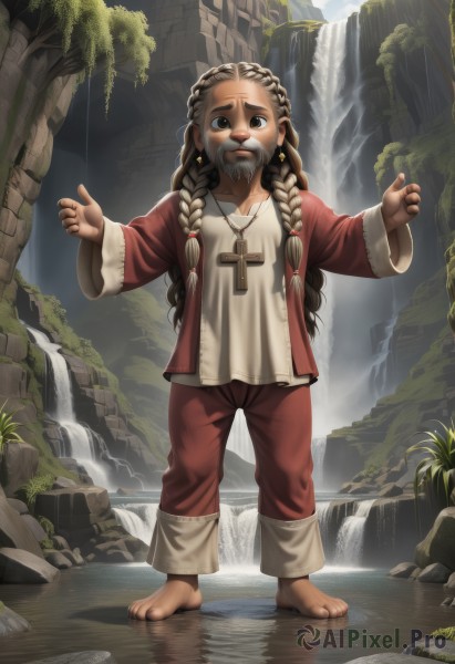 1girl,solo,long hair,looking at viewer,brown hair,shirt,long sleeves,1boy,brown eyes,jewelry,standing,collarbone,full body,white shirt,braid,male focus,earrings,outdoors,open clothes,sky,barefoot,day,pants,wide sleeves,water,necklace,black eyes,twin braids,tree,toes,facial hair,cross,plant,child,beard,wading,pendant,robe,rock,fantasy,mustache,cross necklace,ruins,red pants,waterfall,cliff,dark skin,flat chest,hair over shoulder,forehead,realistic,dirty,multiple braids