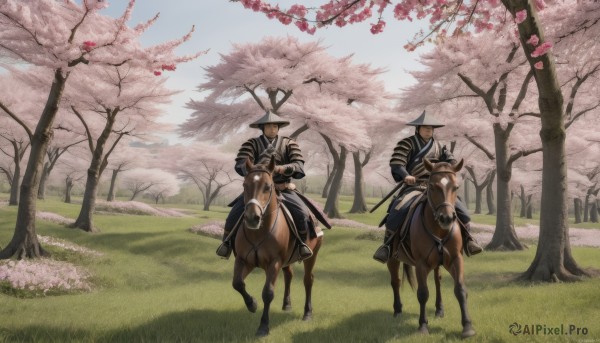 hat,holding,weapon,male focus,outdoors,multiple boys,day,sword,2boys,holding weapon,armor,tree,animal,holding sword,helmet,grass,cherry blossoms,sheath,nature,scenery,riding,japanese armor,multiple others,horse,2others,horseback riding,reins,black hair,1boy,flower,japanese clothes,sky,pants,black pants,katana,hakama,pink flower,sheathed,bow (weapon),field,kote,samurai,spring (season),saddle,jingasa