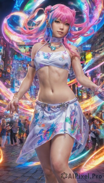 1girl,long hair,breasts,looking at viewer,multiple girls,skirt,navel,brown eyes,jewelry,blue hair,pink hair,multicolored hair,earrings,multiple boys,solo focus,midriff,necklace,bracelet,lips,crop top,watermark,floral print,white skirt,armlet,city,realistic,crowd,smile,hair ornament,standing,outdoors,miniskirt,tattoo,night,street