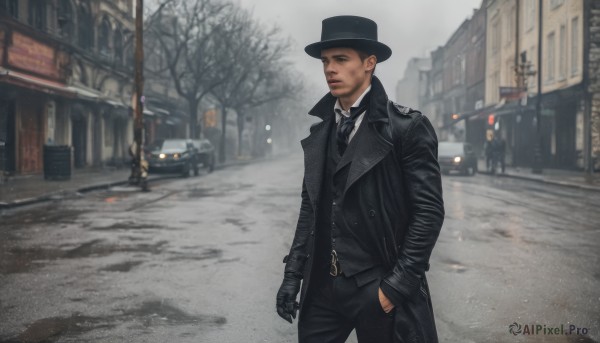 solo,looking at viewer,shirt,black hair,gloves,long sleeves,1boy,hat,closed mouth,standing,jacket,white shirt,male focus,outdoors,necktie,solo focus,black gloves,collared shirt,belt,pants,blurry,black eyes,vest,tree,coat,black jacket,black headwear,blurry background,facial hair,black pants,formal,ground vehicle,building,black necktie,motor vehicle,hand in pocket,black coat,black vest,city,realistic,car,road,street,trench coat,photo background,brown hair,cowboy shot,open clothes,looking to the side,suit,black belt,open coat,top hat,winter,lamppost,bare tree,waistcoat,sidewalk