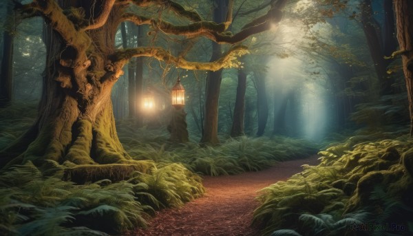 outdoors,tree,no humans,sunlight,grass,plant,nature,scenery,forest,light rays,lantern,fantasy,light,road,path,night,leaf,lamp