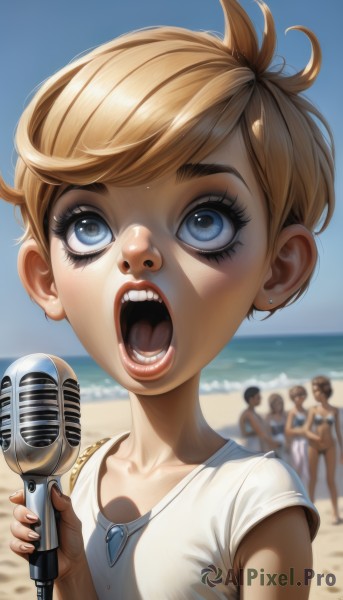 1girl,short hair,open mouth,bangs,blue eyes,multiple girls,blonde hair,shirt,holding,jewelry,collarbone,swimsuit,white shirt,upper body,short sleeves,earrings,outdoors,sky,teeth,solo focus,day,tongue,water,necklace,blurry,blue sky,lips,fingernails,eyelashes,makeup,depth of field,blurry background,ocean,upper teeth only,beach,piercing,looking up,lipstick,t-shirt,ear piercing,child,microphone,realistic,nose,sand,music,female child,stud earrings,very short hair,holding microphone,singing,summer,mascara,uvula,solo,looking at viewer,nail polish,pendant