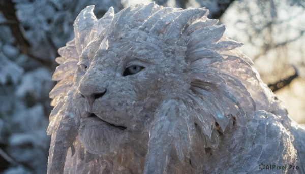 solo,looking at viewer,closed mouth,outdoors,blurry,black eyes,no humans,depth of field,blurry background,animal,portrait,monster,realistic,dragon,scales,animal focus,1boy,male focus,facial hair,beard,snow,close-up