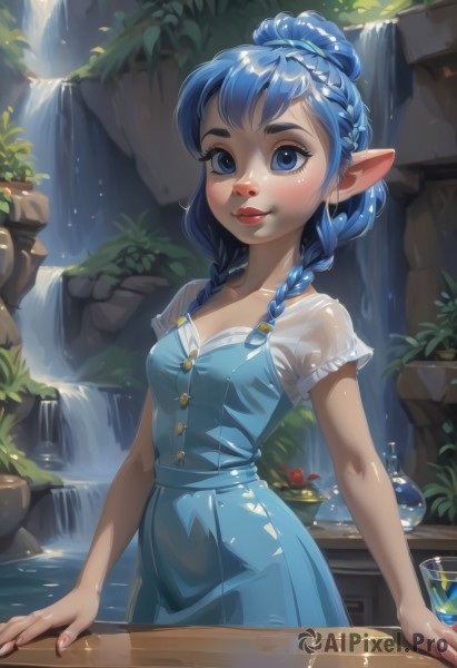 1girl,solo,long hair,breasts,looking at viewer,blush,smile,bangs,blue eyes,shirt,dress,cleavage,closed mouth,blue hair,standing,collarbone,braid,short sleeves,cowboy shot,small breasts,outdoors,day,pointy ears,artist name,water,nail polish,twin braids,lips,fingernails,see-through,eyelashes,makeup,fruit,blue dress,watermark,table,sunlight,bottle,plant,lipstick,elf,hair over shoulder,freckles,nose,red lips,crown braid,waterfall,hair bun,cup,wet,single hair bun,thick eyebrows,wet clothes,french braid,drinking glass,potted plant