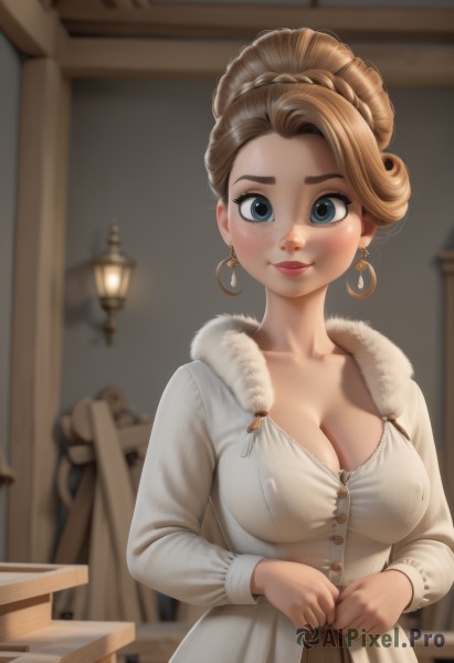 1girl,solo,breasts,looking at viewer,blush,smile,blue eyes,blonde hair,large breasts,brown hair,long sleeves,dress,cleavage,jewelry,closed mouth,collarbone,upper body,braid,earrings,solo focus,artist name,indoors,hair bun,white dress,blurry,covered nipples,lips,coat,fur trim,eyelashes,no bra,makeup,depth of field,blurry background,table,single hair bun,freckles,lantern,mature female,white coat,red lips,lamp,mascara,fur coat,veiny breasts,short hair,lipstick,hair up,updo