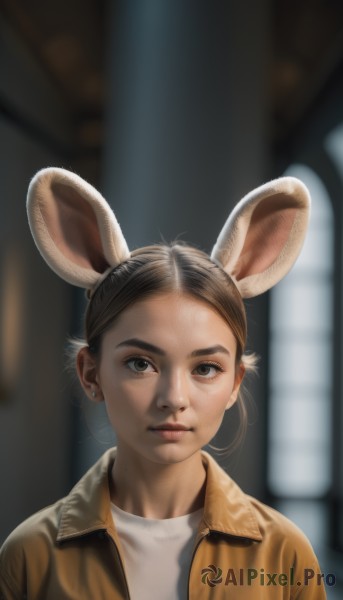 1girl,solo,looking at viewer,short hair,brown hair,shirt,animal ears,brown eyes,jewelry,closed mouth,jacket,white shirt,upper body,earrings,open clothes,indoors,blurry,lips,depth of field,blurry background,forehead,brown jacket,realistic,mouse ears,rabbit ears,parted bangs,fake animal ears,portrait,extra ears,nose,stud earrings