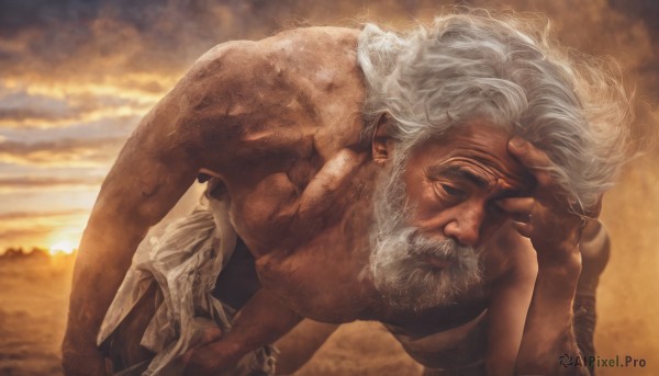 solo,1boy,closed eyes,white hair,male focus,nude,outdoors,sky,cloud,hug,facial hair,beard,topless male,realistic,mustache,sun,manly,old,old man,grey hair,pants,muscular,cloudy sky,messy hair,carrying,sunset,wrinkled skin