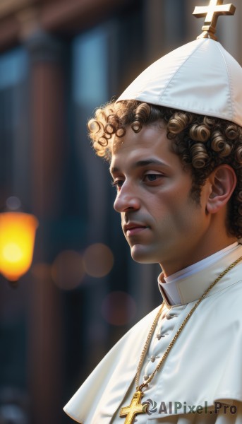 solo,brown hair,black hair,1boy,hat,jewelry,closed mouth,upper body,male focus,dark skin,necklace,blurry,black eyes,from side,lips,blurry background,white headwear,dark-skinned male,cross,curly hair,realistic,nose,nun,cross necklace,latin cross,church,priest,mitre,brown eyes,parted lips,depth of field,portrait,looking ahead