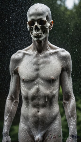 solo,looking at viewer,smile,1boy,navel,nipples,standing,male focus,nude,cowboy shot,penis,teeth,pussy,grin,blurry,wet,completely nude,sunglasses,skull,realistic,arms at sides,bald,grey skin,skeleton,horror (theme),pubic hair,abs,ribs,what